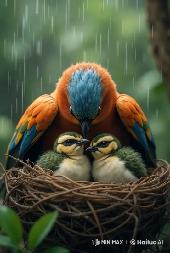 Blue-Orange Bird Protects Chicks in Rainy Nest – AI Generated Video | Hailuo AI