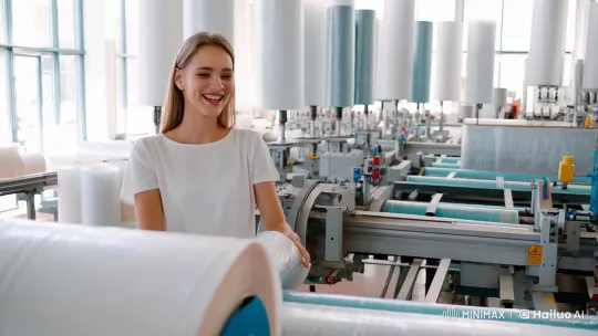 Young Woman Operates Industrial Stretch Wrap Machine – AI Generated Video | Hailuo AI
