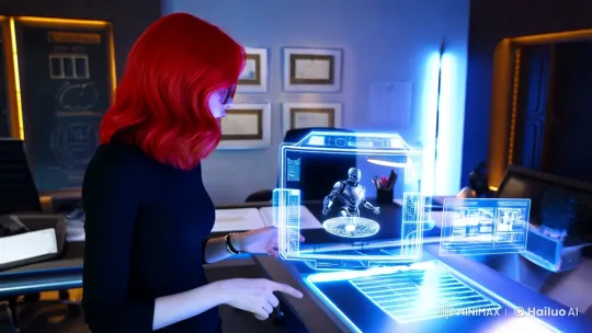 Confident Woman Interacts with Holograms in Futuristic Office – AI Generated Video | Hailuo AI