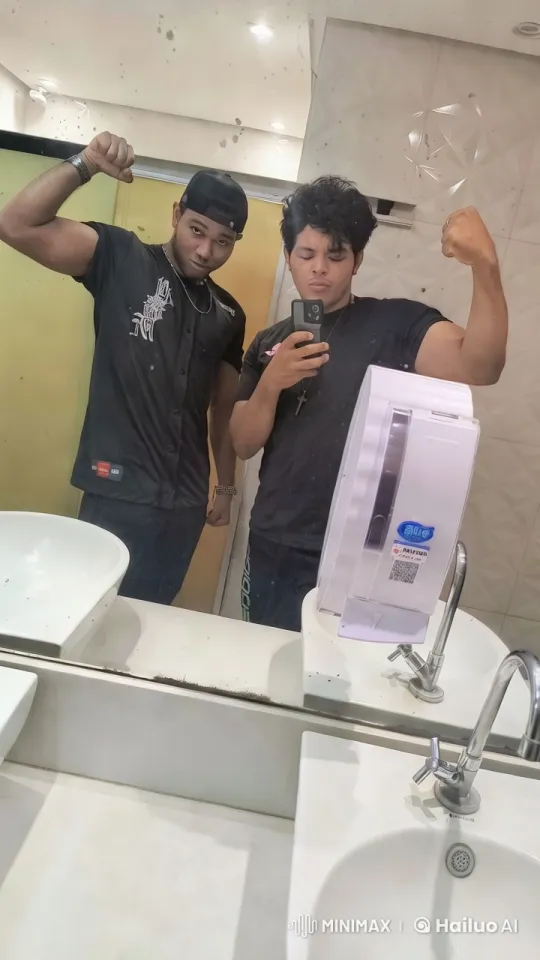 Two Men Flexing in Modern Bathroom – AI Generated Video | Hailuo AI