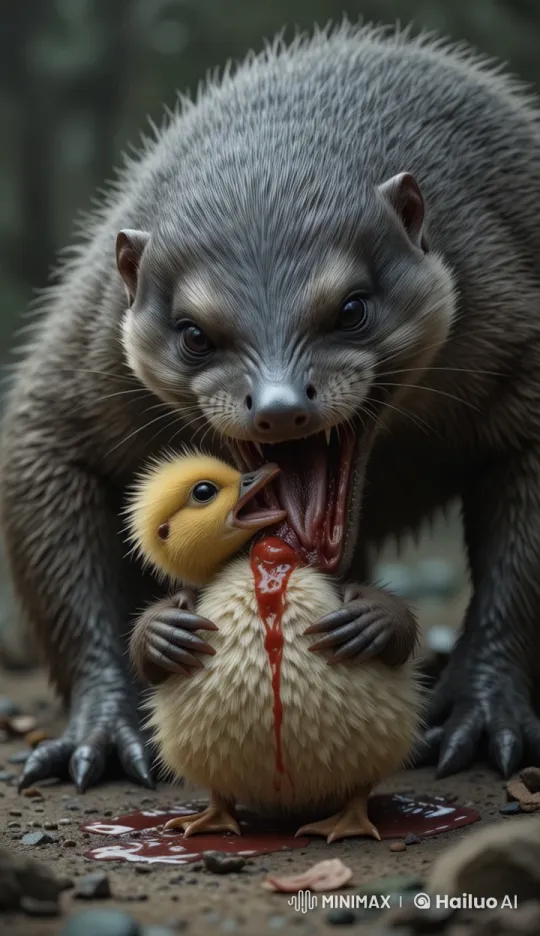 Giant Weasel Attacks Struggling Duckling in Gritty Forest Scene – AI Generated Video | Hailuo AI