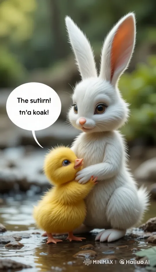 3D Rabbit Reassures Trembling Duckling by Stream – AI Generated Video | Hailuo AI