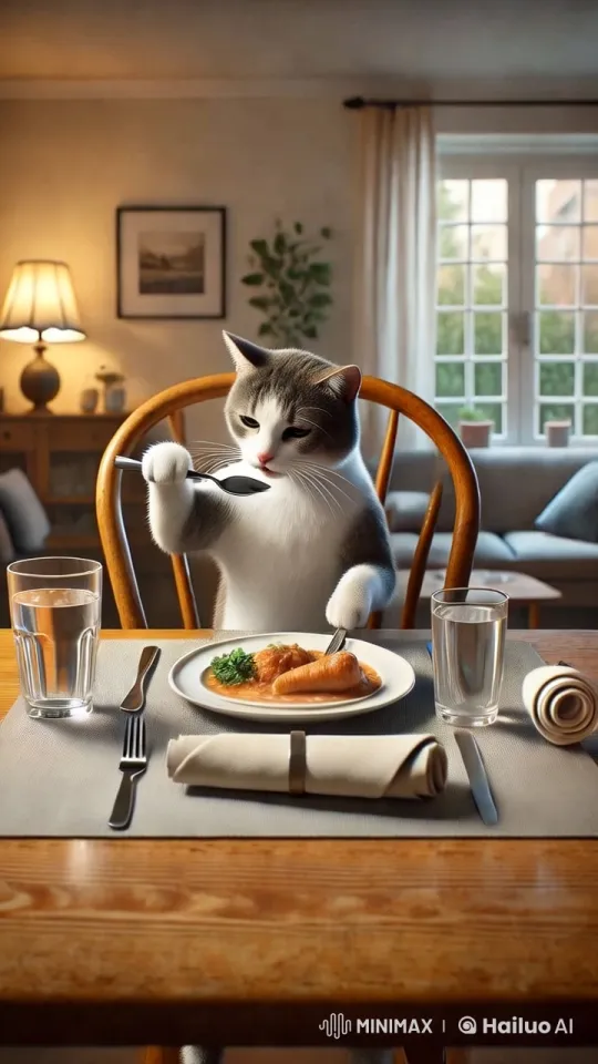 Realistic Cat Mimics Human Dining Etiquette – AI Generated Video | Hailuo AI