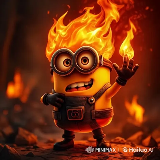 Emotional Minion Cries Amidst Fiery Chaos – AI Generated Video | Hailuo AI