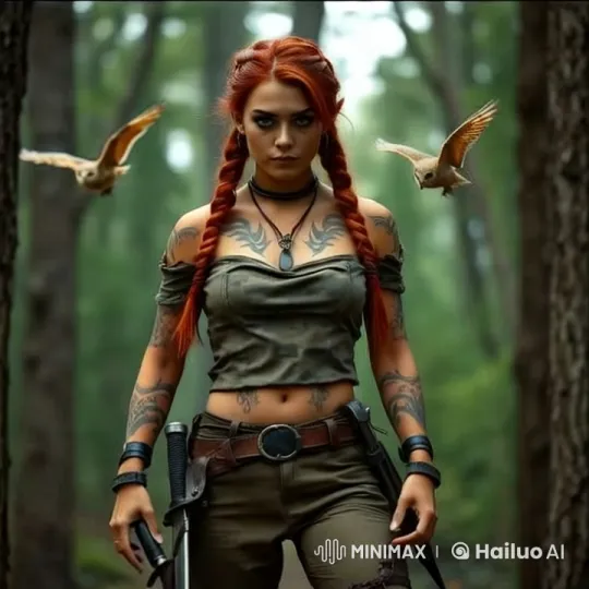 Red-Haired Warrior in Serene Forest with Owls – AI Generated Video | Hailuo AI