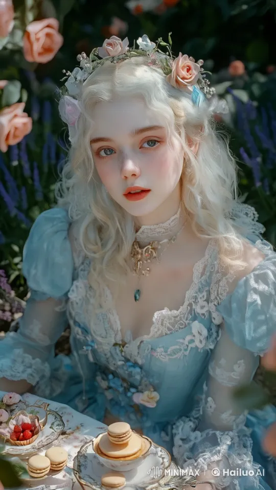 Elegant Woman in Lace Gown at Garden Table – AI Generated Video | Hailuo AI