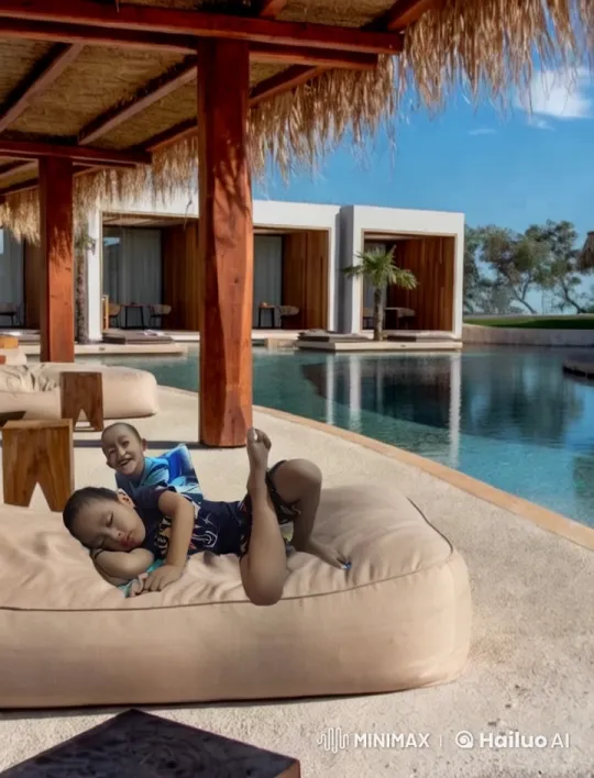 Children Play Kungfu on Bean Bag at Upscale Resort – AI Generated Video | Hailuo AI