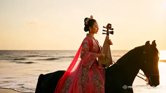 Tang Dynasty Beauty Plays Pipa on a Windswept Beach – AI Generated Video | Hailuo AI