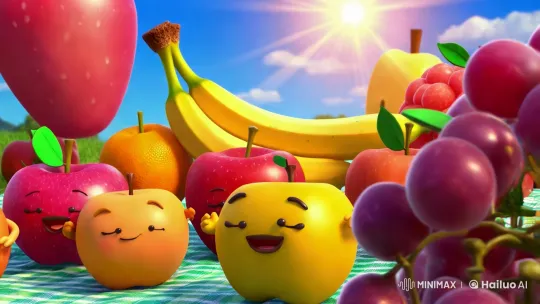 Vibrant Fruits in Joyful Anthropomorphic Picnic Scene – AI Generated Video | Hailuo AI