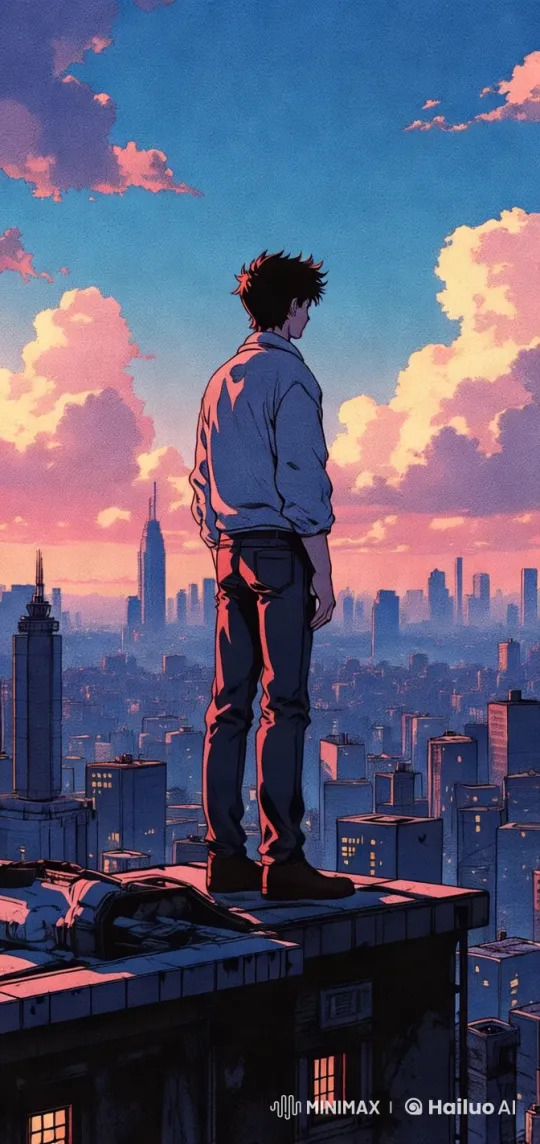 Contemplative Man Overlooking Sunset-Cityscape – AI Generated Video | Hailuo AI