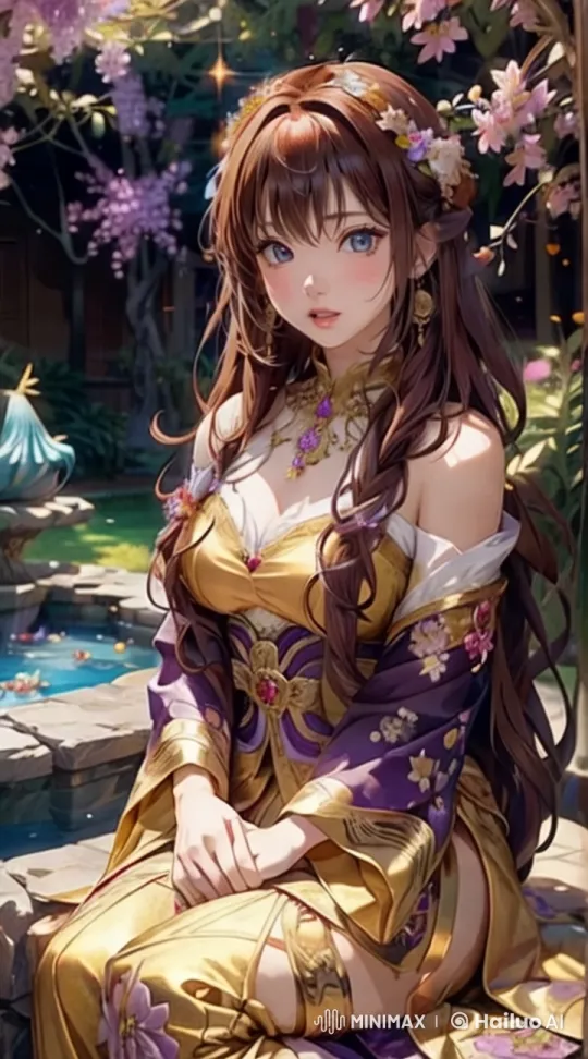 Graceful Woman in Traditional Attire by Serene Pond – AI Generated Video | Hailuo AI