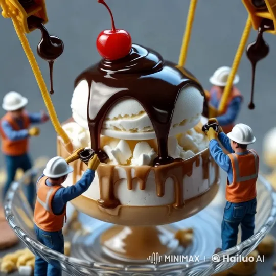 Miniature Craftsmen Build Giant Ice Cream Sundae – AI Generated Video | Hailuo AI