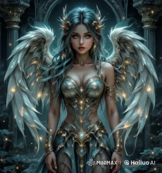 Mystical Angel in Ancient Temple with Ethereal Wings – AI Generated Video | Hailuo AI