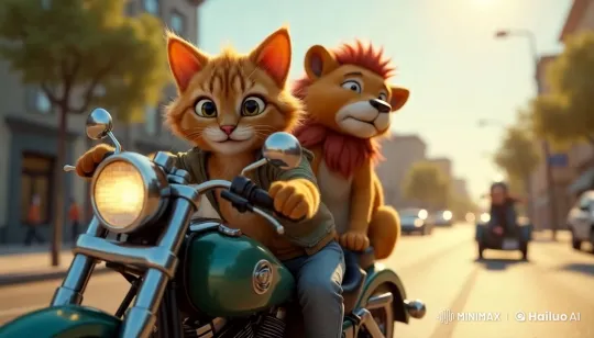 Realistic Animated Cat-Lion Duo on Motorcycle Chase – AI Generated Video | Hailuo AI