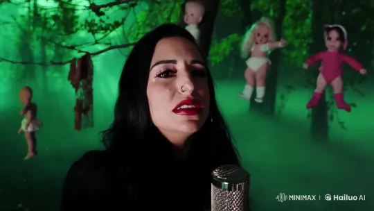 Woman Screams into Microphone in Haunted Forest Setting – AI Generated Video | Hailuo AI