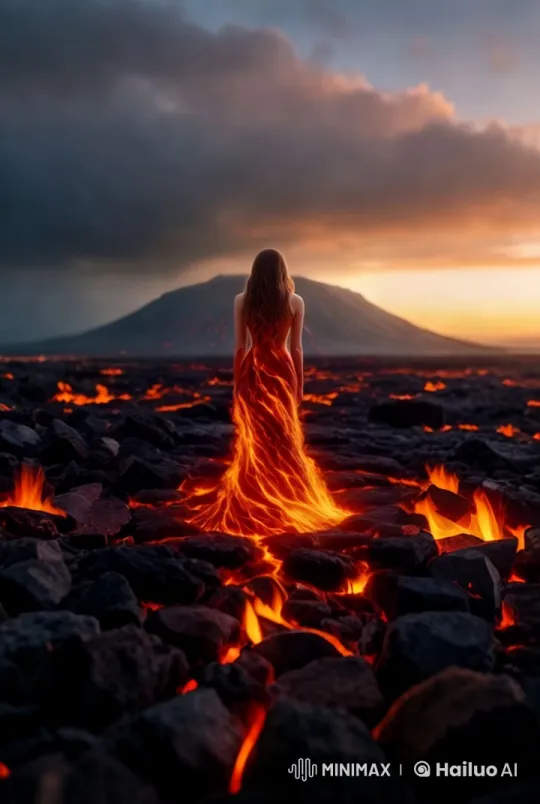 Fiery Woman Approaches Volcano in Dramatic Scene – AI Generated Video | Hailuo AI