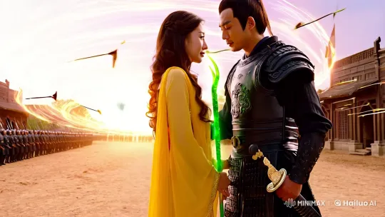 Warrior and Woman in Love Amidst Arrows – AI Generated Video | Hailuo AI