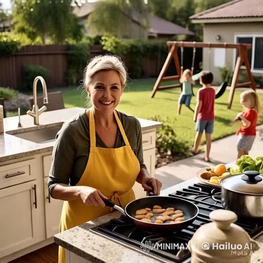 Woman Cooks in Backyard with Children Playing – AI Generated Video | Hailuo AI