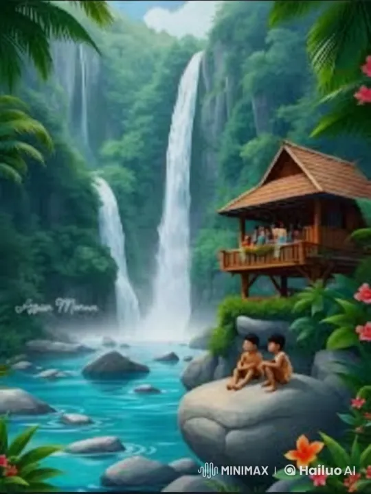 Tropical Paradise: Children by River, Waterfalls, Stilt House – AI Generated Video | Hailuo AI