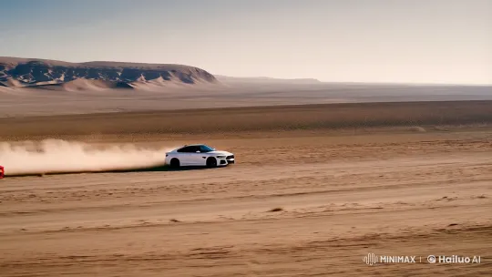 Thrilling Desert Chase: Red and White Sports Sedans – AI Generated Video | Hailuo AI