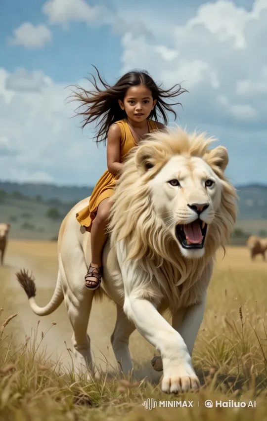 Girl and White Lion in Serene Savannah Landscape – AI Generated Video | Hailuo AI