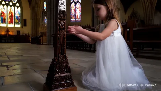 Young Girl in Prayer Before an Ornate Chapel Cross – AI Generated Video | Hailuo AI