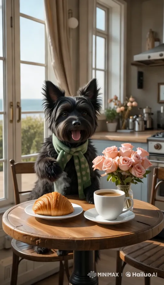 Yorkshire Terrier Serves Coffee and Croissant by the Sea – AI Generated Video | Hailuo AI