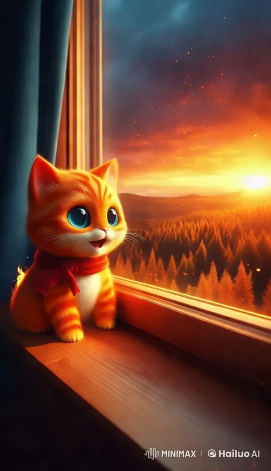 Curious Cat on Windowsill Amidst Sunset Glow – AI Generated Video | Hailuo AI