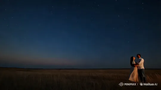 Vast Landscape with Silhouetted Couple at Dusk – AI Generated Video | Hailuo AI
