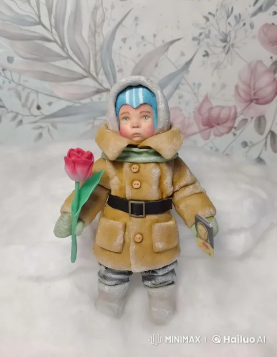 Cozy Figure Offers Flower in Snowy Pastel Landscape – AI Generated Video | Hailuo AI
