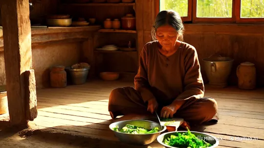 Elderly Woman Preparing Vegetables in Rustic Kitchen – AI Generated Video | Hailuo AI