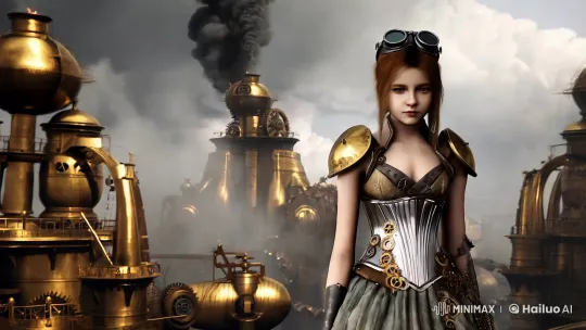 Steampunk Girl Stands Out in Industrial Cityscape – AI Generated Video | Hailuo AI