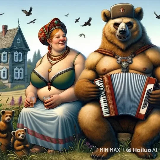 Bear Plays Accordion, Woman Toasts in Animated Countryside Scene – AI Generated Video | Hailuo AI
