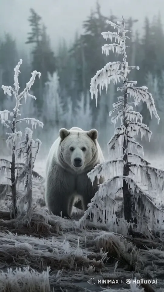 Majestic Bear in Frosty Winter Wonderland – AI Generated Video | Hailuo AI