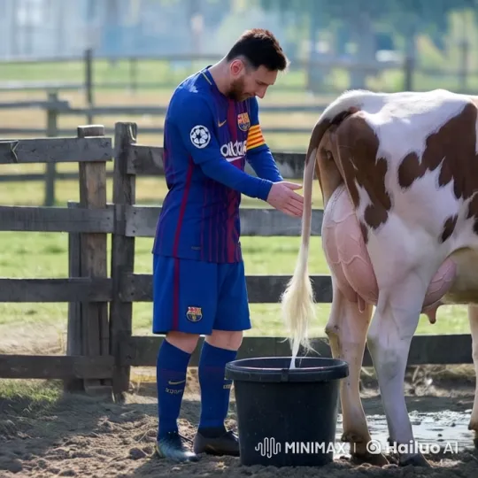 Lionel Messi Milks Cow on Farm in Barcelona Uniform – AI Generated Video | Hailuo AI