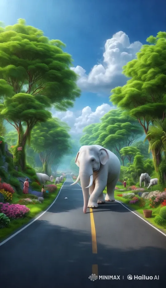 White Elephant Leads Serene Journey Through Lush Landscapes – AI Generated Video | Hailuo AI