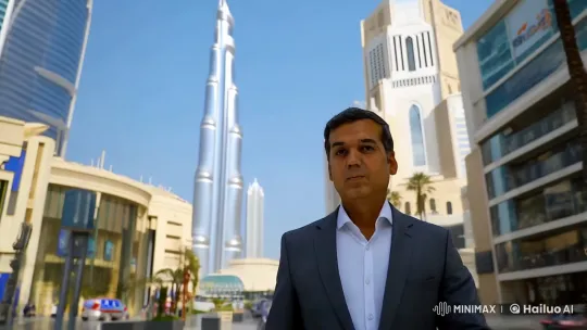 Professional Man Walks Purposefully Through Dubai's Bustling Streets Near Burj Khalifa – AI Generated Video | Hailuo AI