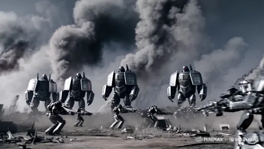Futuristic Robots Engage in Intense Battlefield Clash – AI Generated Video | Hailuo AI