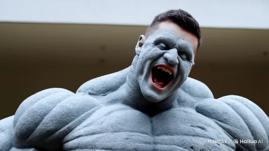 Bodybuilder Transforms into Stone Statue in Dynamic Tracking Shot – AI Generated Video | Hailuo AI