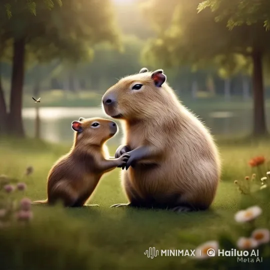 Father-Son Capybaras Share Tender Moment in Serene Meadow – AI Generated Video | Hailuo AI