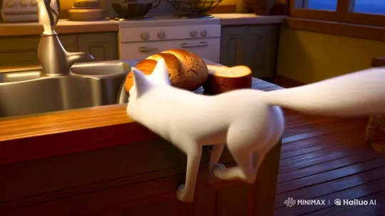 Arctic Fox Savors Bread in Cozy Kitchen Scene – AI Generated Video | Hailuo AI