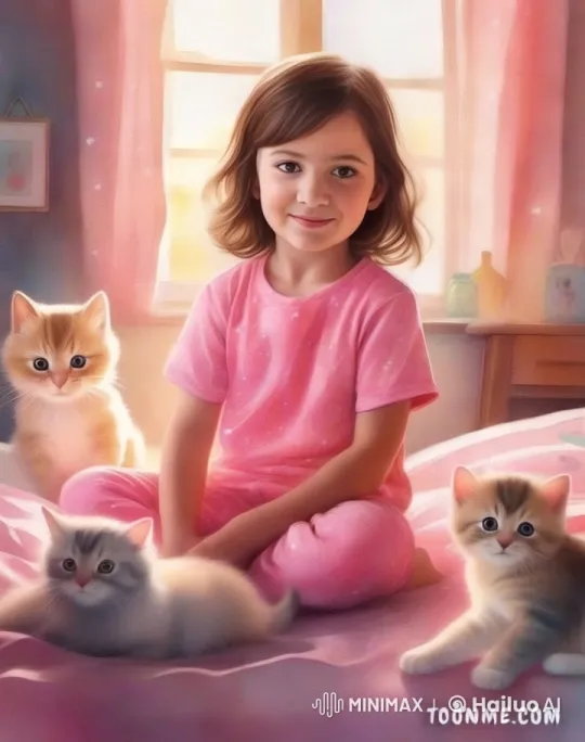 Girl and Kittens Share Cozy Moment in Pastel Bedroom – AI Generated Video | Hailuo AI