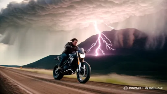 Motorcycle Fleeing Storm: Dynamic Chase Through Chaos – AI Generated Video | Hailuo AI