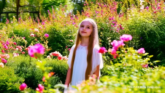Girl Immersed in Serenity of Blooming Garden – AI Generated Video | Hailuo AI