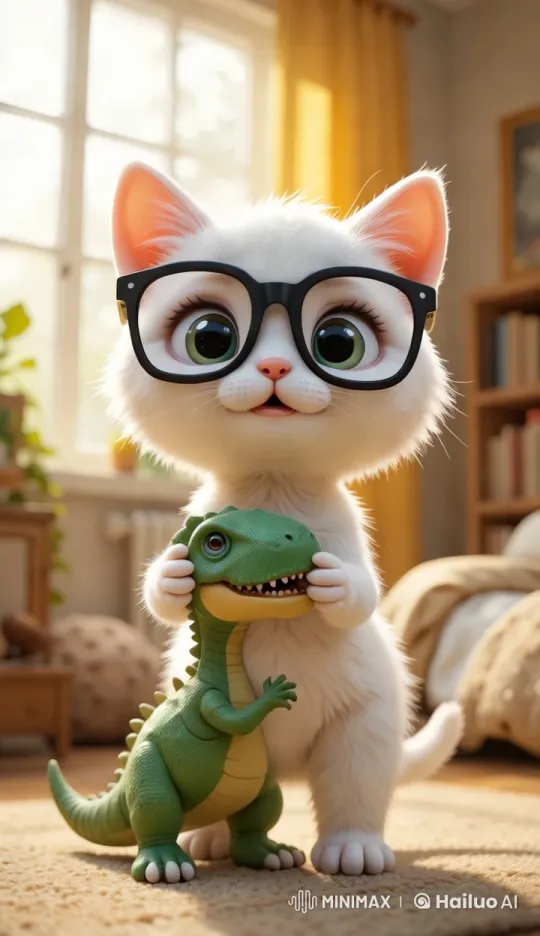 Adorable Kitten Holds Hands with Dinosaur in Cozy Room – AI Generated Video | Hailuo AI