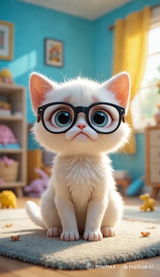 Sad Kitten with Glasses Amidst Bright Playroom – AI Generated Video | Hailuo AI