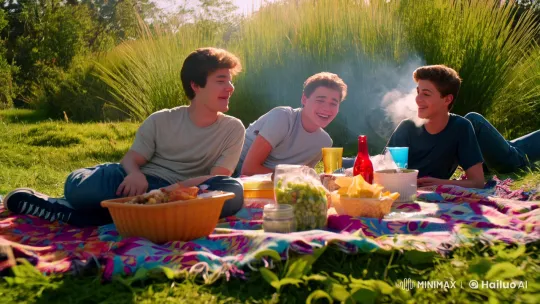 Teenage Boys Enjoy Picnic Amidst Summer Tranquility – AI Generated Video | Hailuo AI