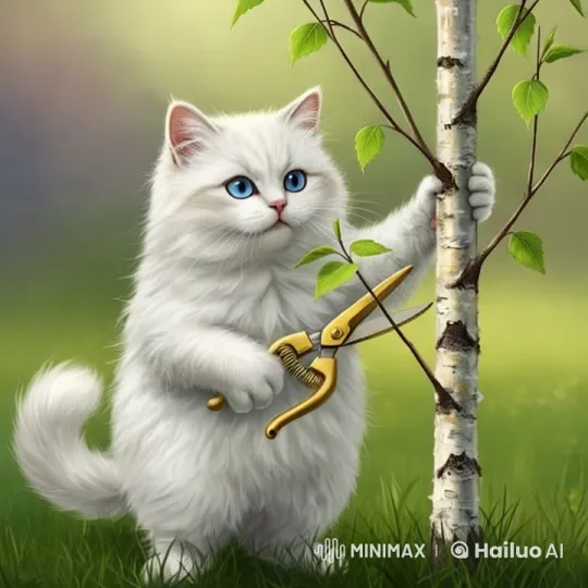 Fluffy Cat Prunes Birch Tree in Serene Landscape – AI Generated Video | Hailuo AI
