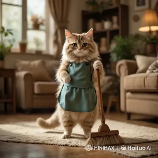 Fluffy Cat with Broom Collects Mouse Shapes, Smirks Evily – AI Generated Video | Hailuo AI