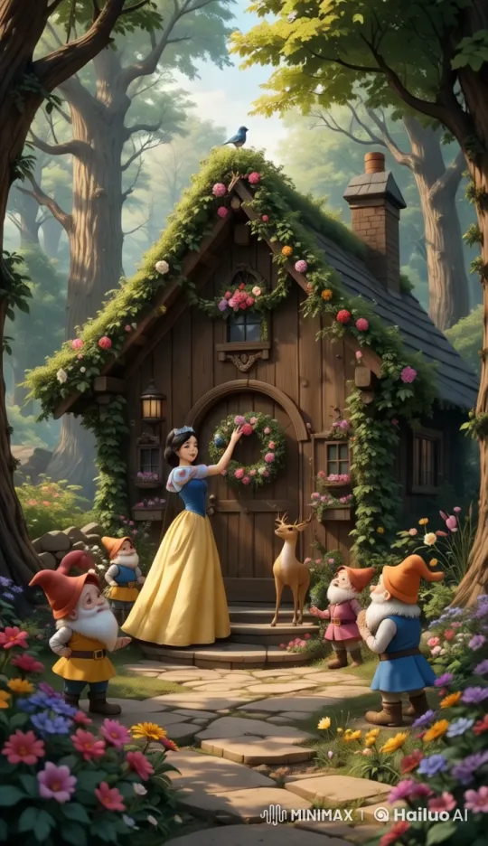 Snow White and the Dwarfs Adorn Cottage with Wreath – AI Generated Video | Hailuo AI